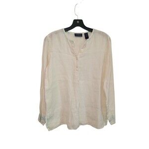 Liz Claiborne white 100%‎ Linen blue floral hem stich top